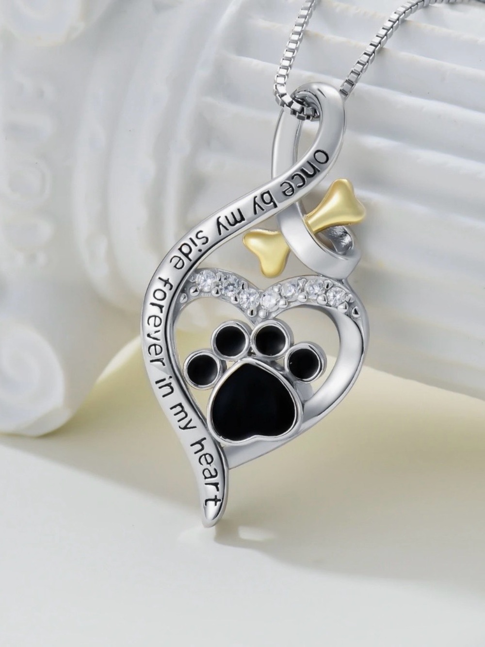 Silver Heart Paw Pendant Necklace with Gold Bow Accent